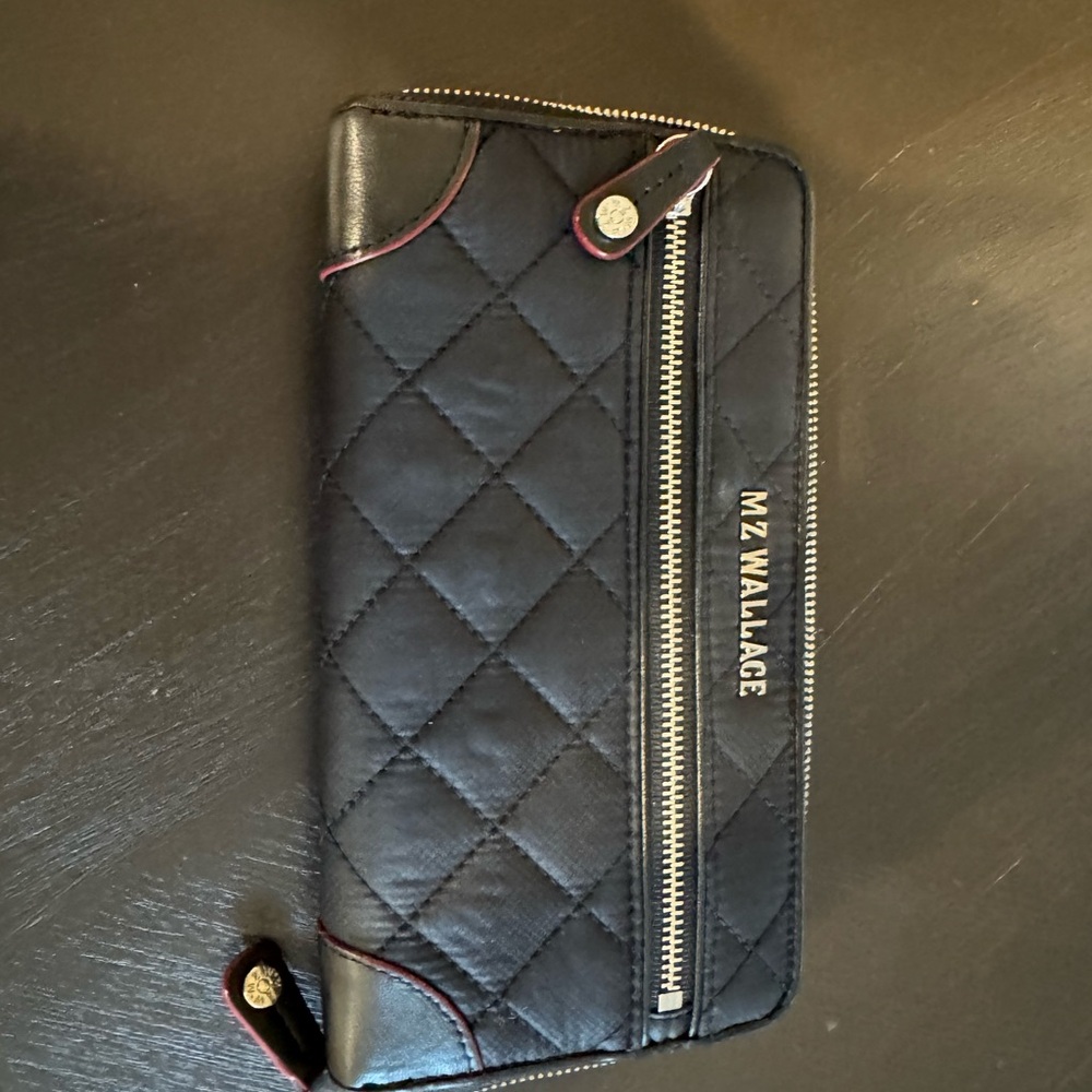 MZ Wallace Quilted Navy Wallet with Red Accents